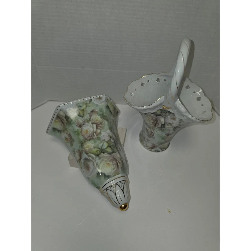 Vintage Formalities by Baum Bros. White Rose Chintz Porcelain Basket Wall Pocket